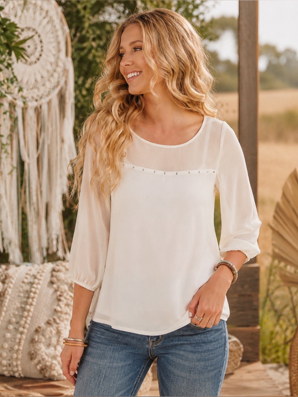 BKE Boutique Cream Sheer Chiffon Studded Boho Blouse 3/4 Sleeve Top